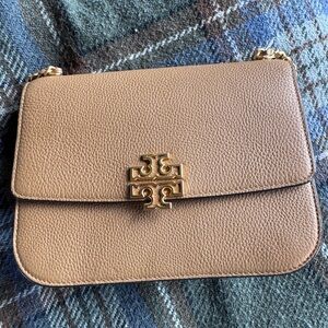 Tory Burch Beige Pebbled Leather Shoulder Bag with Gold Logo